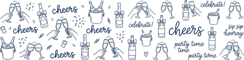 Hand drawn celebration and party toast doodle set. Sketch champagne glasses clinking and wine bottle in ice bucket outline vector illustration. © FreelancerHasin