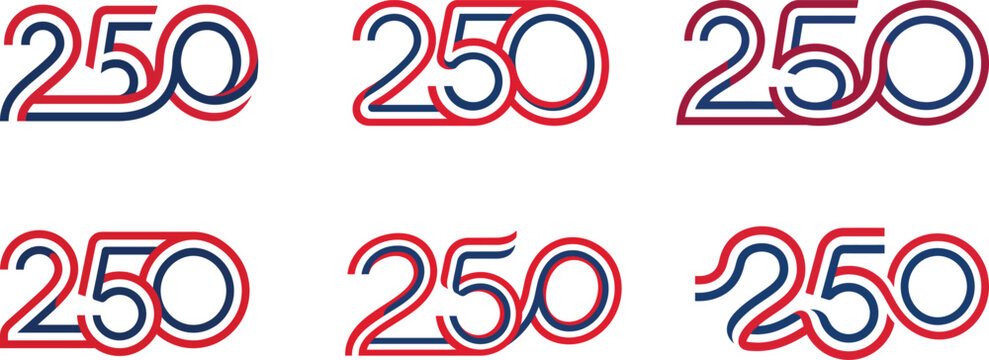 250 number anniversary logo set. Two hundred fifty text typography design with continuous red and blue ribbon line layout vector illustration.