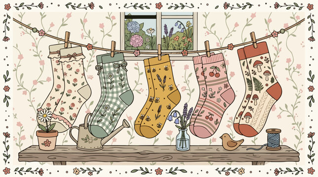 Christmas socks hanging on clothesline.