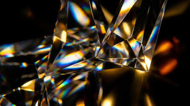 Abstract macro background of sparkling diamond crystal prism with light refraction and rainbow flares