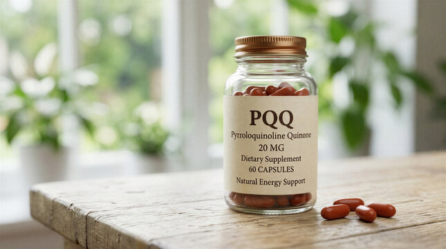 PQQ Supplement Bottle with Capsules on Bright Kitchen Counter