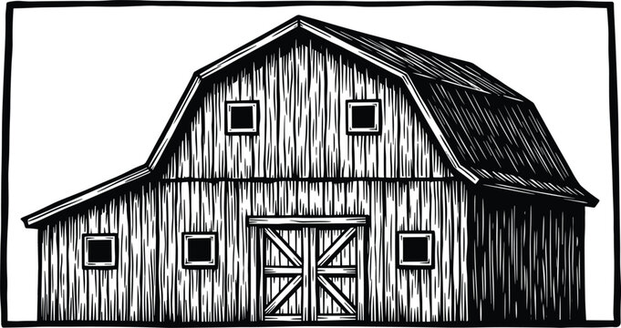 Old wooden barn hand drawn sketch vintage rustic farmhouse building monochrome engraving style illustration isolated on white