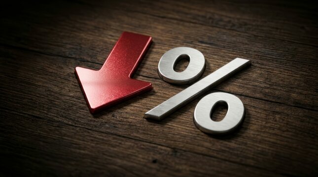 Falling Financial Trend Concept: Metallic Red Arrow and Silver Percentage Symbol on Wooden Office Desk