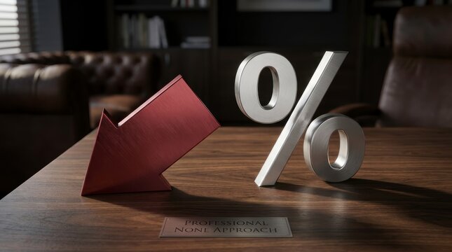 Falling Financial Trend Concept: Metallic Red Arrow and Silver Percentage Symbol on Wooden Office Desk