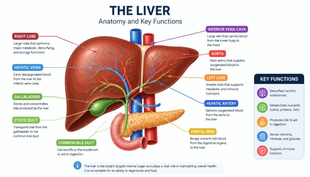 Human liver anatomy and physiological functions infographic