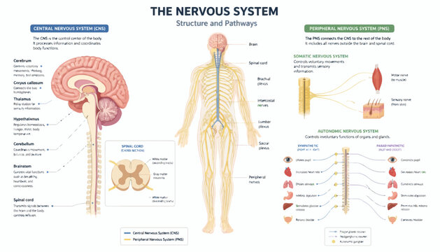 Human nervous system structure and pathways infographic