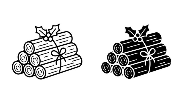 Christmas Yule Log Icon: A festive illustration depicting a stack of firewood tied with ribbon and adorned with holly, representing the traditional Christmas Yule log.