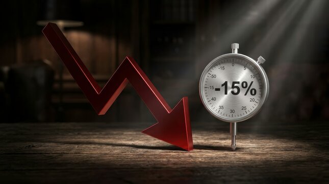 Falling Financial Trend Concept: Metallic Red Arrow and Silver Percentage Symbol on Wooden Office Desk