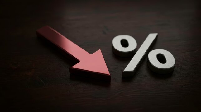 Falling Financial Trend Concept: Metallic Red Arrow and Silver Percentage Symbol on Wooden Office Desk