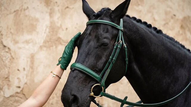 Slow motion close up of person petting black horse head with green leather bridle against textured stucco wall in quiet stable setting, gentle daytime mood