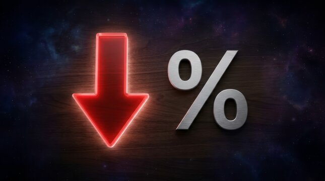 Falling Financial Trend Concept: Metallic Red Arrow and Silver Percentage Symbol on Wooden Office Desk