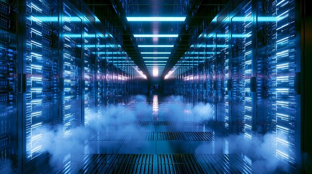 Futuristic AI Data Center Interior with Endless Rows of Server Racks and Cooling Smoke