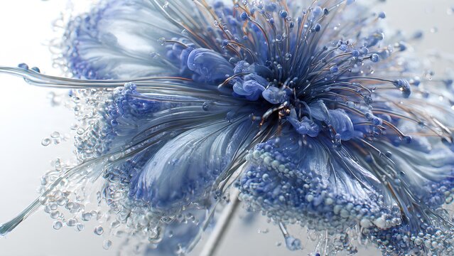 Close-up of an abstract blue flower-like structure with intricate details and water droplets, creating a dynamic and artistic visual.