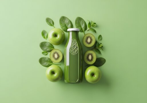 Vibrant green bottle of fresh juice is surrounded by whole apples, sliced kiwi, and spinach leaves on a mint green background.