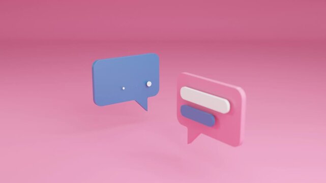 Abstract 3D social media chat bubbles in vibrant Pink and Blue. Network communication concept with speech and text balloons floating against a bright pink background, perfect for social media stories