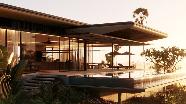Modern Luxury Villa Exterior with Glass Walls and Infinity Pool at Golden Hour Sunset