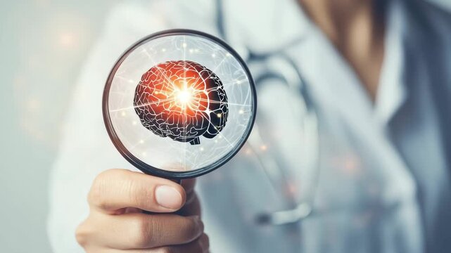 Doctor holding magnifying glass over glowing brain model, neurology diagnostics research, mental health medicine, science care.