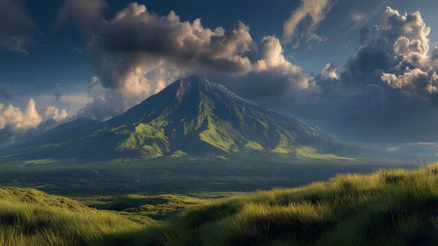 Majestic Mayon Volcano, a perfectly conical stratovolcano, rises dramatically above lush green fields under a dramatic sky.