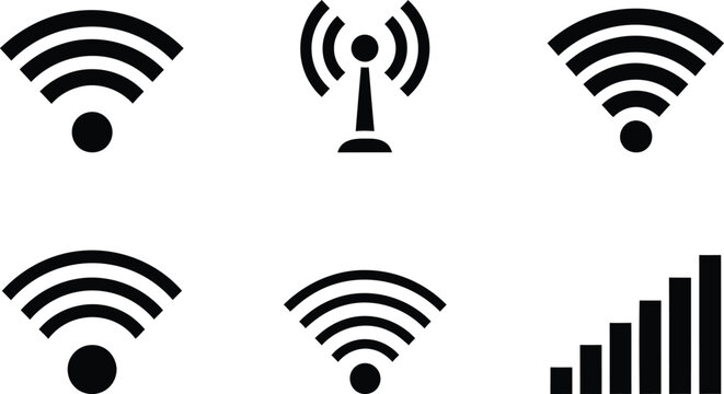 Collection of six and white wifi signal and network strength icons internet