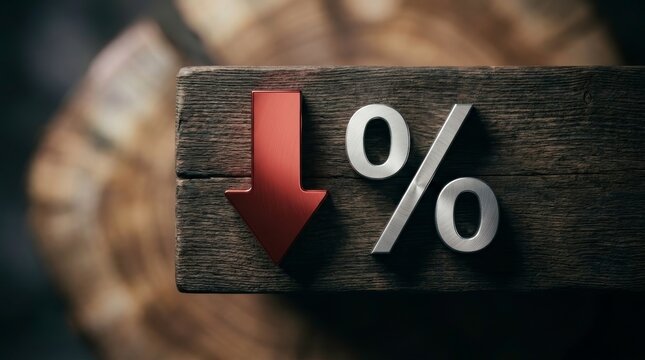 Falling Financial Trend Concept: Metallic Red Arrow and Silver Percentage Symbol on Wooden Office Desk