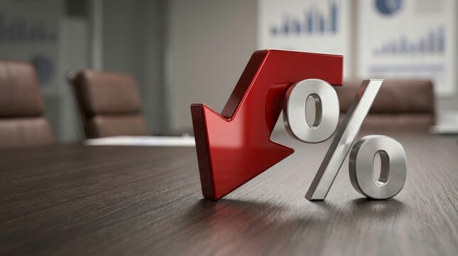 Falling Financial Trend Concept: Metallic Red Arrow and Silver Percentage Symbol on Wooden Office Desk