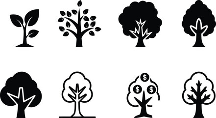 Obraz premium Set of eight and white tree icons showing growth stages and financial concepts