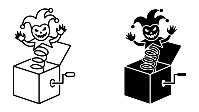 Scary Jack-in-the-Box Surprise: A spooky jack-in-the-box toy emerges from its box, featuring a grinning jester with glowing eyes and wild hair, ready to startle.
