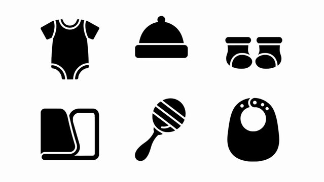 Baby Icons Collection: Bodysuit, Hat, Booties, Blanket, Rattle, Bib - Isolated Black Silhouettes