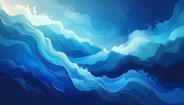 Abstract blue ocean waves with pixelated texture, stormy sea, deep water, shimmering highlights, and light particles