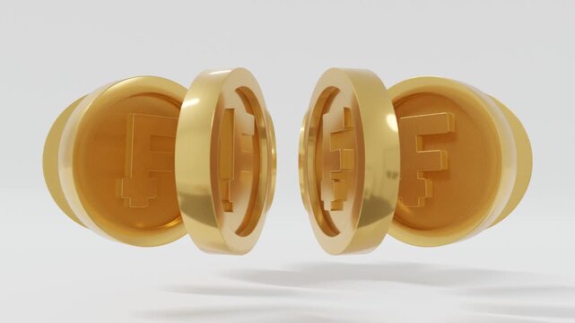 Luxury 3D animation with shiny gold Swiss Franc coins on white background, realistic metallic currency render, seamless motion graphics, modern financial concept for investment, banking and economy