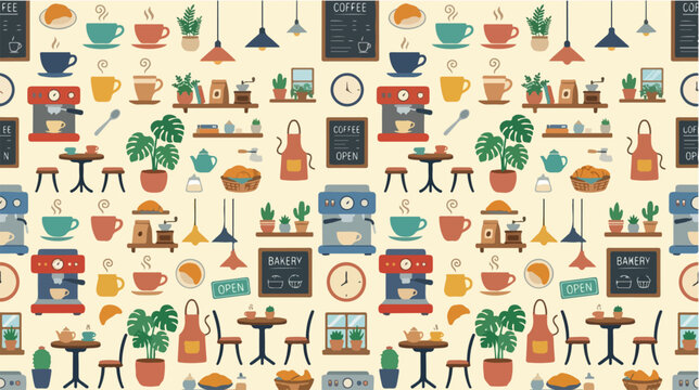 Colorful cafe interior design elements pattern.