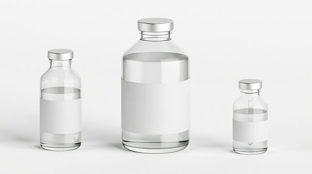 Three Different Size Glass Bottles with Blank Labels and Liquid on White Background