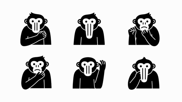 Six Black Monkey Emoticons Showing Different Emotions and Poses on White Background