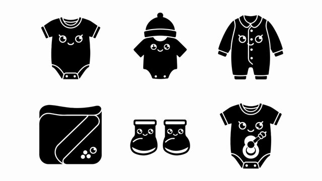 Cute Baby Clothes Icons: Onesie, Hat, Sleepsuit, Diaper Bag, Booties, Guitar Onesie