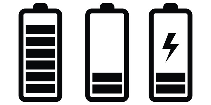 Three battery level indicator icons showing full, empty, and charging states with lightning bolt charge