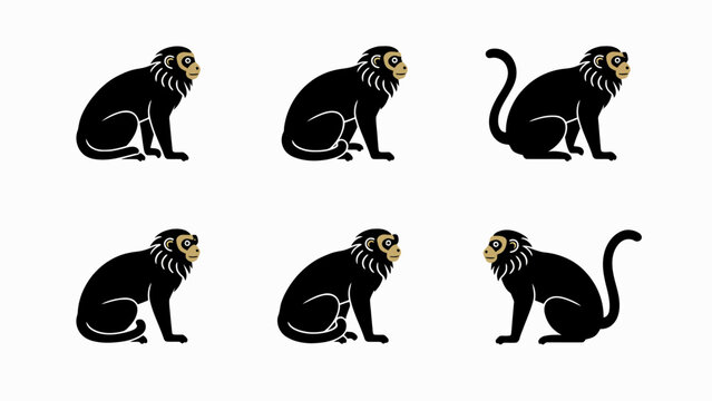 Stylized Black Monkeys Sitting on White Background, Cute Animals Illustration