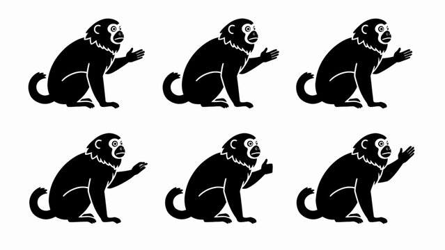 Six Black Monkey Silhouettes with Gesturing Hands on White Background