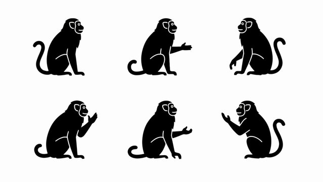 Black monkey silhouettes in different poses on a white background, illustration, primate behavior