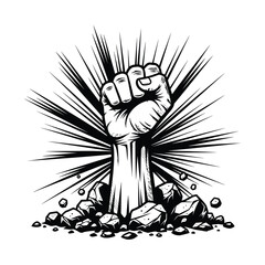 Fototapeta premium A raised fist emerging from rocks with dynamic lines and motion effect