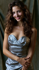 Fototapeta premium italian girl in silver evening gown, noble woman smiling portrait, elegant female half body portrait