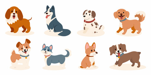 cartoon dogs collection in colorful vector style on white background dog breeds illustration canine puppy husky dalmatian beagle corgi shiba inu © Rekha