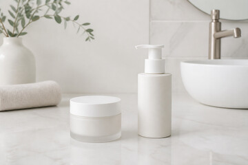 Fototapeta premium A minimalist bathroom counter displays skincare products, including a jar and a pump bottle, next to a white sink basin.