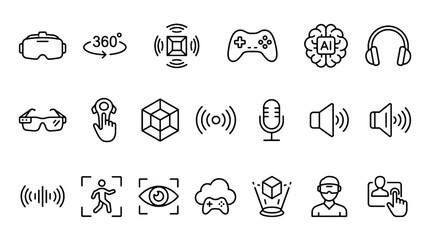 Virtual Reality and Audio Technology Line Vector Icon Set with VR Headset 360 View Spatial Audio Gamepad Smart Brain and Headphones © B