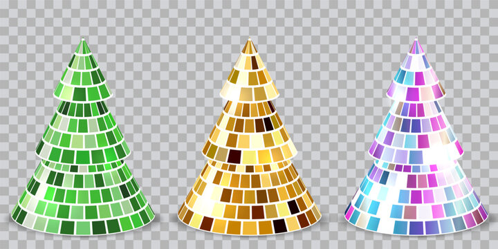 Vector 3d Christmas trees with disco ball texture. Fir festive design element for party banner poster holiday invitation