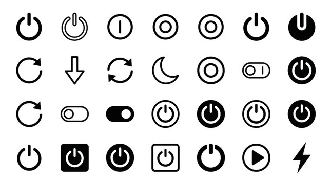 Power Button Vector Icon Set with On Off Switch Shutdown Restart and Standby Symbols in Black and White