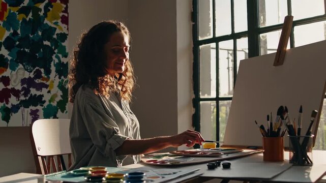 Curly haired woman in profile sits beside blank canvas, reaching toward paint palette in bright studio near large window, with brushes, jars, desk, warm light, and quiet creative mood