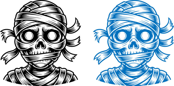Halloween vector mummy skull illustrations in black and blue