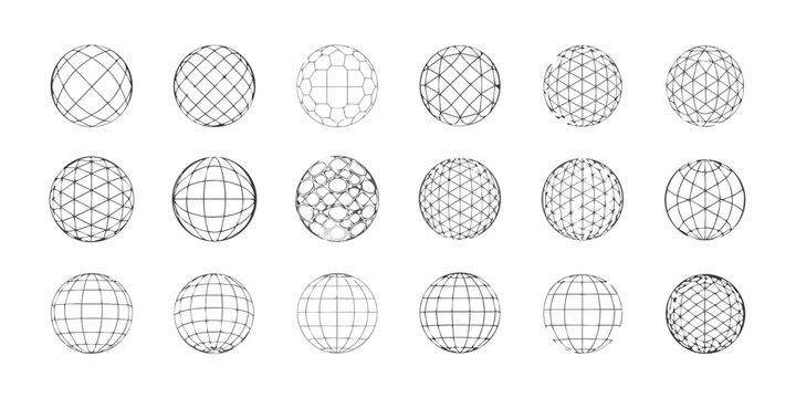 collection of 3d wireframe sphere grids in various patterns on white background grid pattern three dimensional geometric shapes structure design modeling rendering