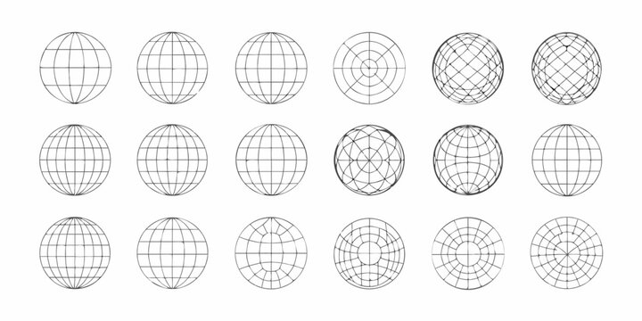 collection of 3d wireframe sphere grids in various patterns on white background grid pattern three dimensional geometric shapes structure design mathematics science