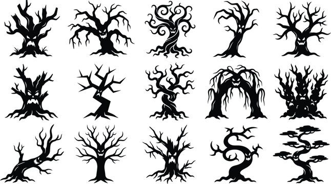 Spooky haunted tree silhouettes vector flat halloween icons set with scary faces